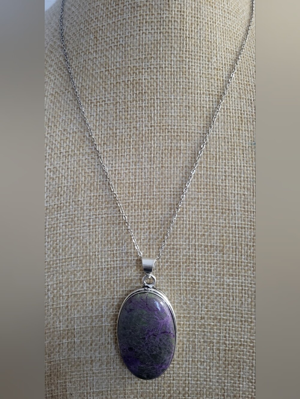 Purpurite Natural Stone Pendant 925 Silver Overlay Stainless Steel Chain
